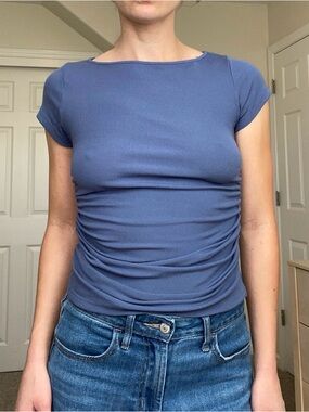 Ruched Short Sleeve Crop Top in Slate Blue
